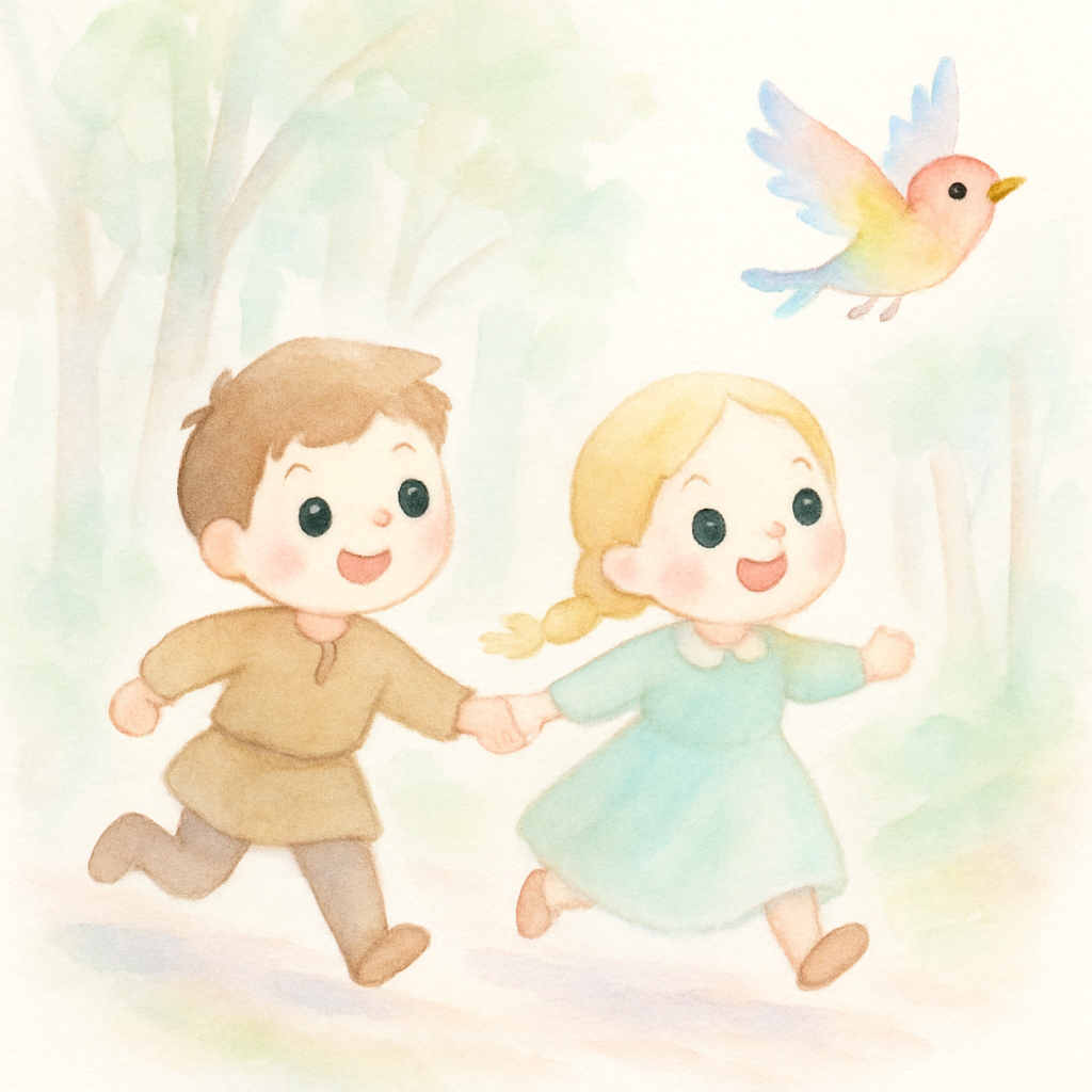 새를 따라 도망치는 헨젤과 그레텔